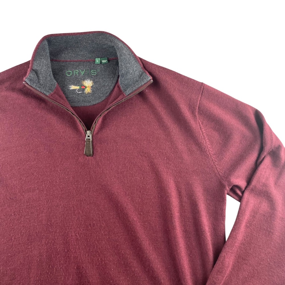 Orvis Mens Burgundy 100% Merino Wool Quarter Zip Sweater Large Fly Fishing Lure